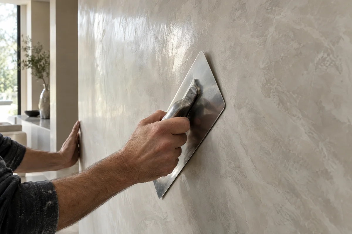 Craftsman burnishing a polished plaster wall with a steel trowel